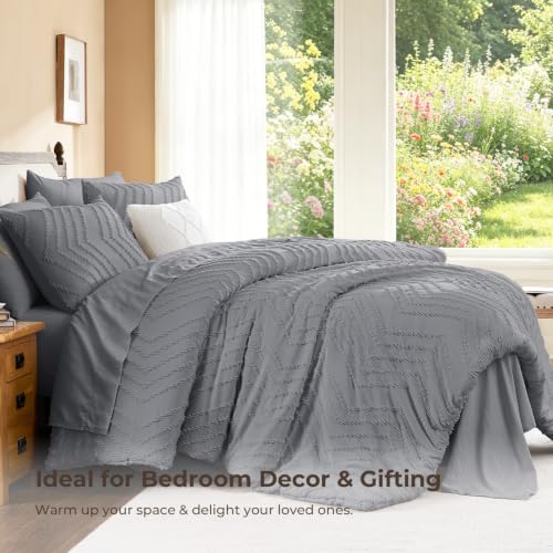 Image of Litanika California King Size Comforter Set with Sheets Medium Gray - 7 Pieces Bed in a Bag Cal King Chevron Tufted Complete Bedding Sets with Comforter, Sheets, Pillowcases & Shams