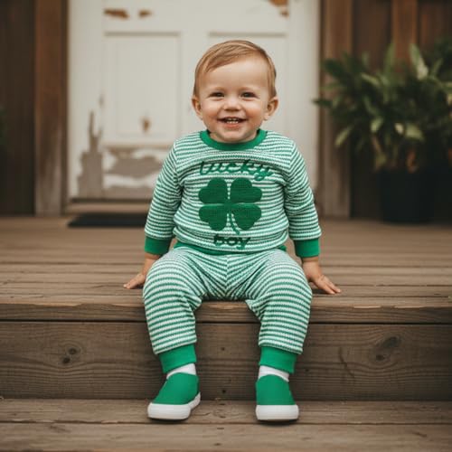 Image of Toddler Baby Boy St Patricks Day Outfit Infant Lucky Clover Sweatshirt Pants Set Little Kids Spring Warm Clothes