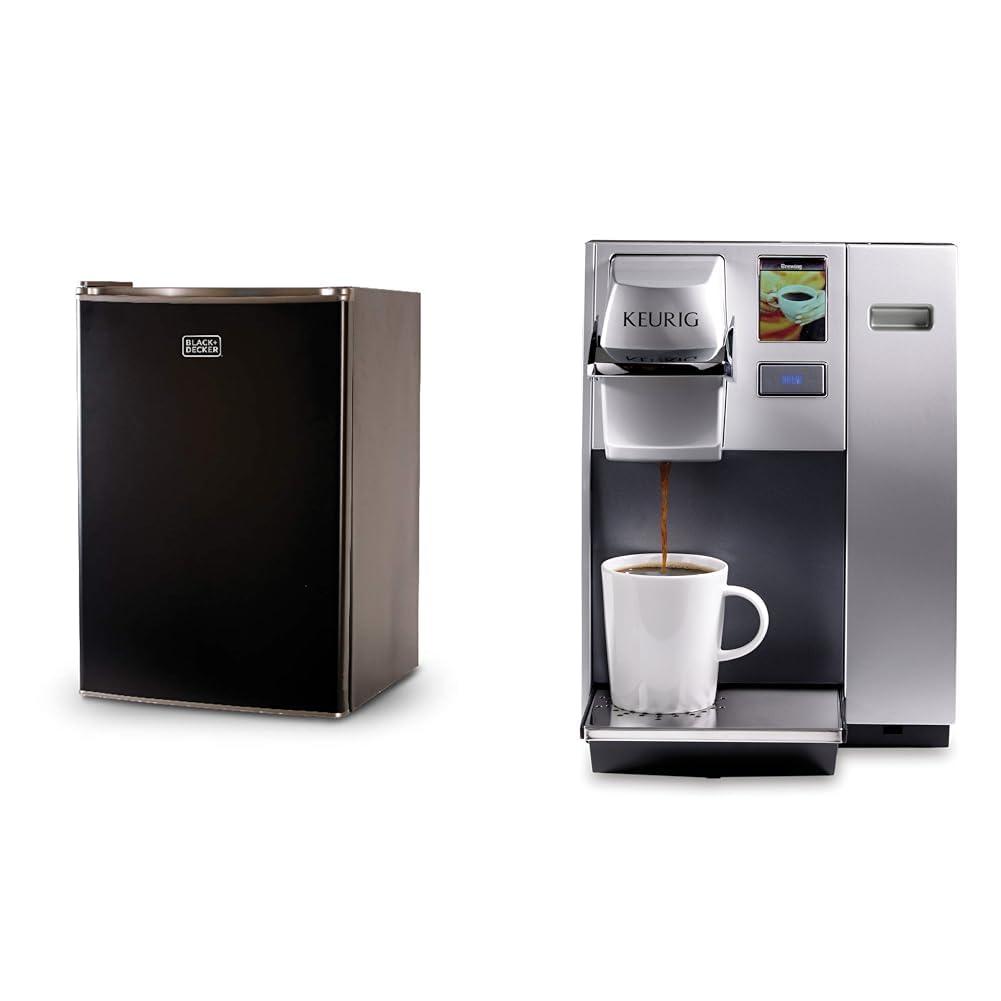 BLACK+DECKER BCRK25B Compact Refrigerator Energy Star Single Door Mini Fridge with Freezer, 2.5 Cubic Feet, Black &amp; Keurig K155 Office Pro Single Cup Commercial K-Cup Pod Coffee Maker, Silver