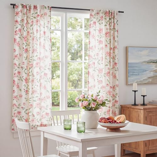 Image of jinchan Pink Floral Linen Curtains 63 Inch Cottagecore Back Tab 2 Panels | Light filtering drapes, semi sheer, farmhouse, watercolor, romantic, living room, bedroom, rod pocket, window treatment