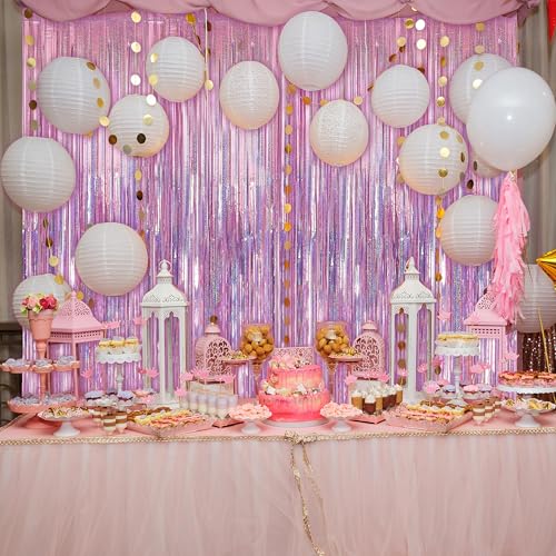 Image of 4 Pack Laser Pink Foil Fringe Curtains Streamers Party Decorations 3.3 x 8.2 ft, Tinsel Curtain Fringe Backdrop for Parties, Door Fringe Birthday Streamers, Barbie Backdrop Birthday Party Decorations
