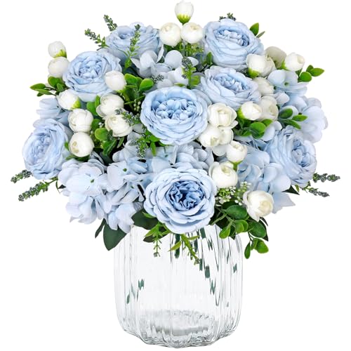 SOMYTING 2 paquetes de flores artificiales de peonía, ramo de flores artificiales, flores de hortensia, peonías de seda, ramos de flores para bodas, centros de mesa, arreglos florales (azul y blanco)