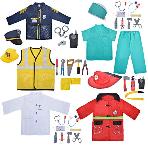 Toptie 5 Sets Kids Dress Up Costumes For Preschool, Doctor Surgeon Police Firefighter Construction Worker For Boys Girls #TOP6