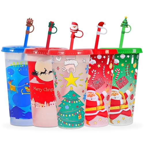 World Cup & Christmas Color Changing Cups with Lids and Straws, 5 Pcs 24 oz Reusable Tumblers, Spill-Resistant Party Cups for Iced Coffee, Festive Drinkware for Holiday & World Cup Viewing Parties