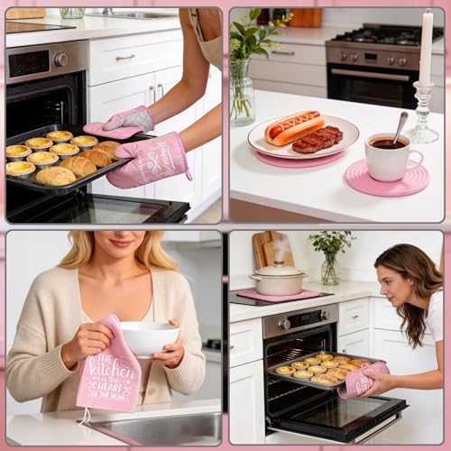 8-Pcs Pink Oven Mitts and Pot Holders Set – Pink Kitchen Accessories, Includes 2 Oven Mitts, 4 Pot Holders, 2 Dish Towels, for Baking, Cooking, Farmhouse, Housewarming, Christmas, Valentine's Day - image 4