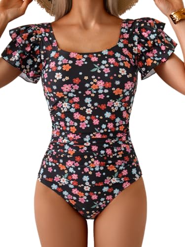 Image of Eomenie Women's Tummy Control One Piece Swimsuit Ruffle Square Neck Bathing Suit Ruched Cutout Back Slimming Swimwear