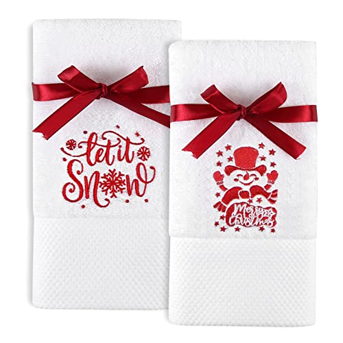 Quera 2 Pack Christmas Hand Towels Let It Snow Snowman Merry Christmas 100% Cotton Embroidered Premium Luxury Decor Bathroom Set for Drying, Cleaning, Cooking, Holiday Towels Gift Set 13.7'' X 29.5''
