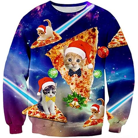 RAISEVERN Unisex Ugly Christmas Cat Pizza Print Crewneck Long Sleeve Pullover Sweatshirt Clothes for Women Men S Santa Pizza Cats Cover