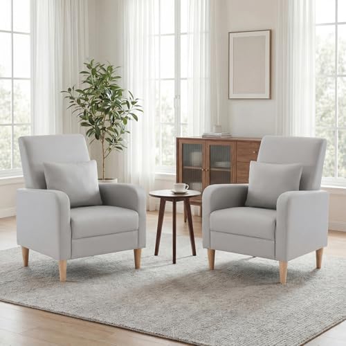 Image of COLAMY Mid-Century Modern Accent Chairs Set of 2, Faux Leather Upholstered Living Room Chairs with Back Pillow & Solid Wood Legs, Comfy Armchair for Living Room, Bedroom, Single Sofa, Light Grey