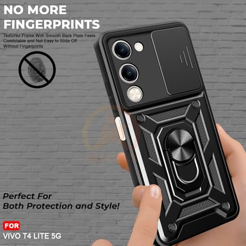 Image of Armor Bumper Back Cover Case for Vivo T4 Lite /iQOO Z10 Lite 5G Rotating Camera Cover, Ring Holder & Kickstand | Heavy Duty & 360 Degree Protection Back Cover (Black)