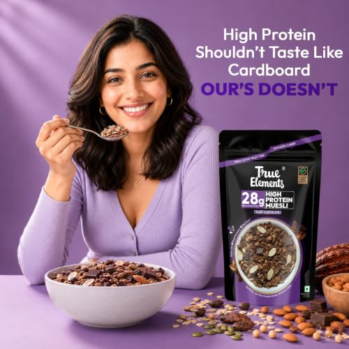 Image of True Elements High Protein Muesli Dark Chocolate 400g (Pack Of 2) Combo - 800gm | 28g Protein | Dark Chocolate | Healthy Breakfast Cereal | Rich in Nuts, Seeds & Wholegrains | No Added Preservatives