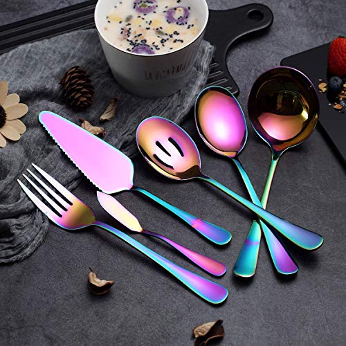 Rainbow Serveerlepels Set 6 Stuks, Serveergerei Set Inclusief Taartschep Sleuf Lepel Serveerlepel Serveervork Pollepel Botermes Spreader Serveerset Vaatwasmachinebestendig - Afbeelding 5