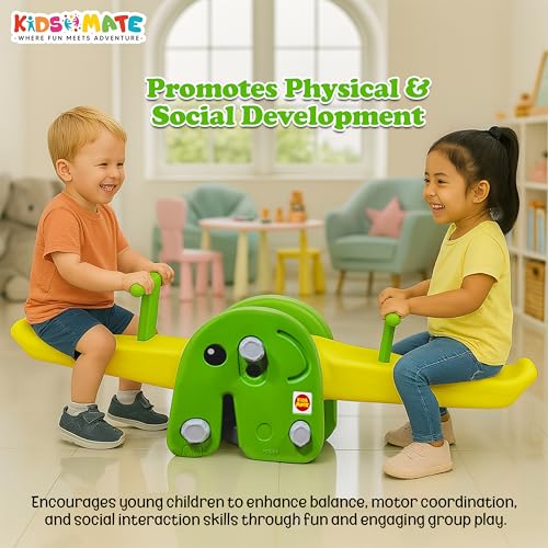 Image of Kidsmate Seesaw for Kids‑ Elephant‑Theme Sea Saw Toy for Kids | Indoor & Outdoor Teeter Totter for Kids | Durable Wide‑Base See Saw /Baby Rocker for Ages 2‑5 Years - Yellow & Green