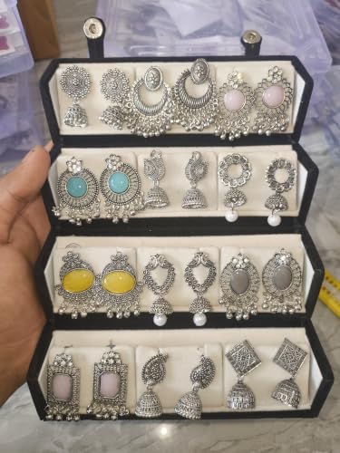 12 Pairs Oxidised Silver Earrings Set with Organizer Box - Image 5
