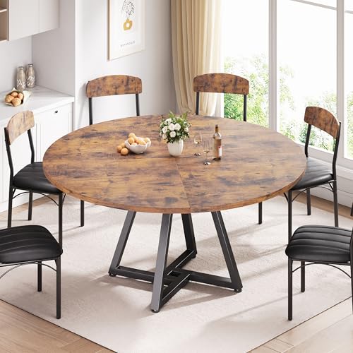 51“ Round Kitchen Dining Room Table for 6-8, Circle Dining Dinner Table with Pedestal Metal Frame, Space Saving Wood Industrial Furniture for Small Space (Rustic Brown, 51In) - Image 3