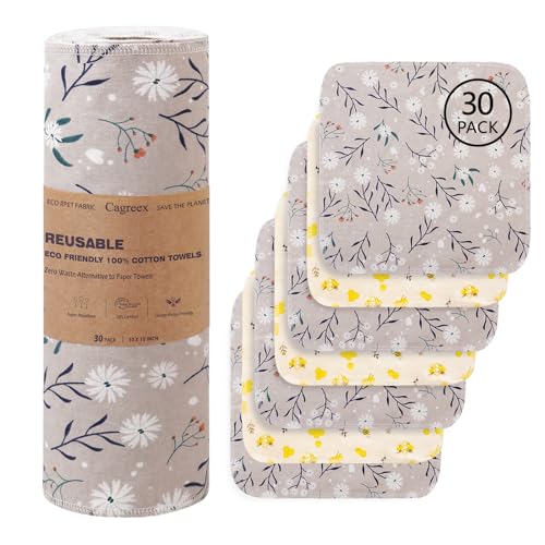 Image of Cagreex Reusable Dishcloths Kitchen Towels Cotton: 30 Packs 10X10 Washable Roll Paperless Paper Towels Absorbent Dishcloths Set Dish Tea Towel for Kitchen Drying (15Bee+15Daisy, 10×10")
