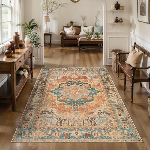 Image of Tangsoo Oriental 3x5 Rug, Washable Non Slip Accent Rugs for Entryway Orange