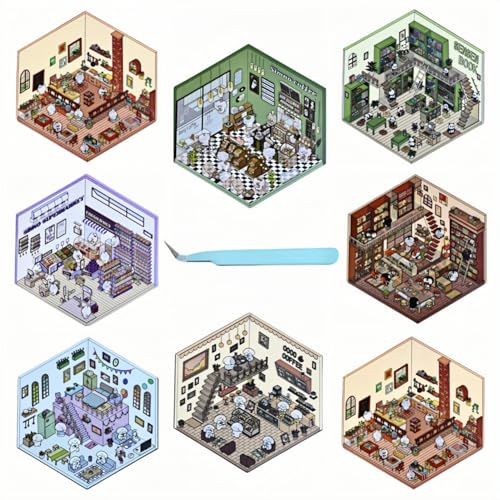 8 Sets DIY 3D House Stickers with Tweezers,Make Your Own Cartoon Mini Room Scenes Including Supermarket,Coffee Shop,Bookstore,Fun DIY Scene Stickers for Adults to Relieve Stress and Pass The Time