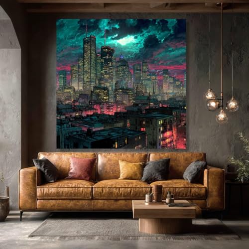 Toile paysage urbain nocturne de 60x60cm sans cadre pour decoration murale