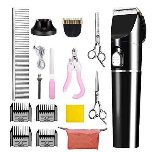 Dyforce Pet Hair Clippers Low Noise, 3-Speed Quiet Dog Grooming Kits Rechargeable Cordless Dog Nail Clippers with Comb Guides Scissors Trimmers Kits for Small and Large Dogs Cats Animals