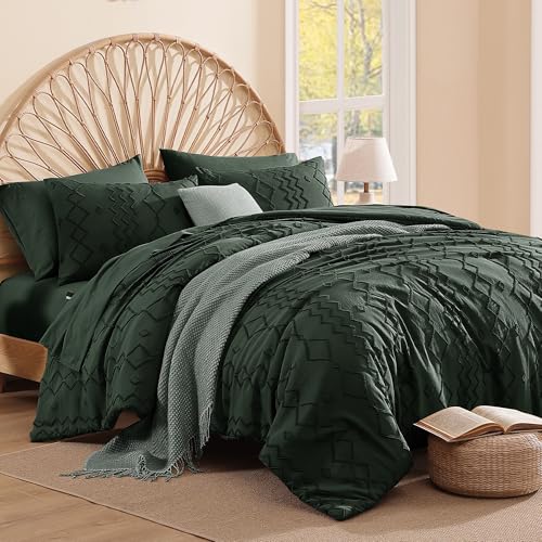 Image of AMBERSPACE Full Size Comforter Set Dark Green, Tufted Boho Bedding Farmhouse Bed Set, All Season 7 Pieces Bed in a Bag with Sheets, Pillowcases & Shams