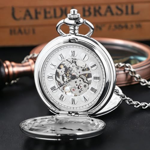 Image of Vintage Gold Double Sides Open Case Mechanical Men's Pocket Watch,Double Face Roman Dial Clock Hand Wind Pocket Watch for Men with FOB Chain