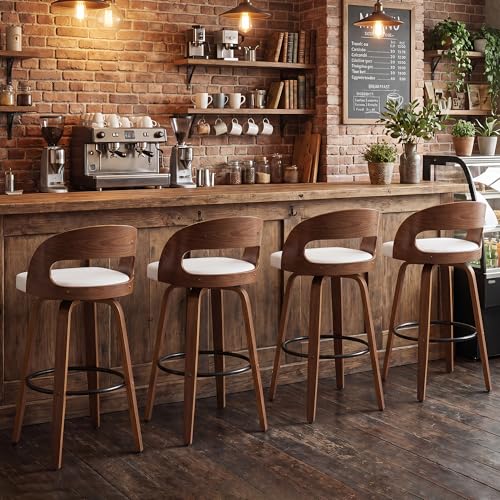 Image of AQG Swivel Bar stools Set of 3 Bar Chairs 26 inch Counter Height Mid-Century Modern Bentwood Barstool PU Leather Upholstered Bar Chair with Back and Footrest, for Bar, Cafe, Dining, Kitchen Island, White