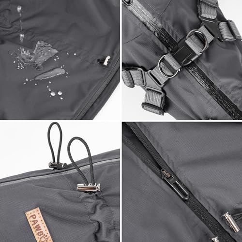 PAWBOSE Regenmantel Hund mit Geschirr Wasserdicht für Kleine, Mittlere und Große Hunde, Reflektierender Regenfester Hunderegenjacke für Sommer, Schöne Hübsche Hundekleidung, 4 Beine, Grau, 2XL