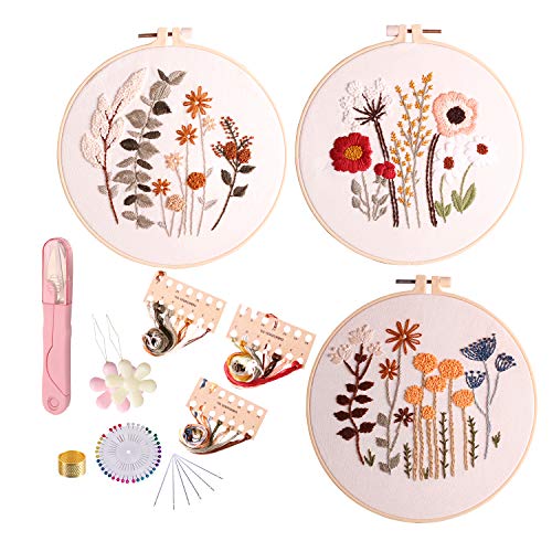 3 Pack Full range embroidery kits for beginners stamped embroidery kit includes embroidery cloth with pattern embroidery hoop instruction color embroidery floss threads set and needles (3pcs Kits -01)