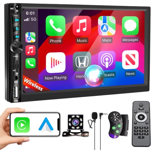 Upgrade Wireless 7 Double Din Car Stereo Apple CarPlay Android Auto 178 * 102mm Touchscreen Car Play Radio for Car Screen for Bluetooth 5.2 Weatherproof Backup Camera FM AM AUX Card Slot USB SWC