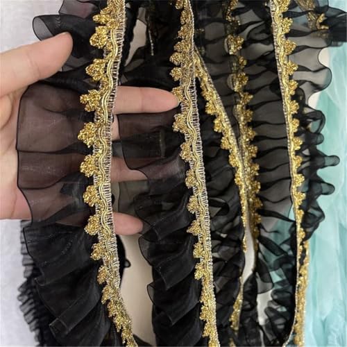 Ruban en mousseline de soie noire 5cm avec motif plissé orné d'or