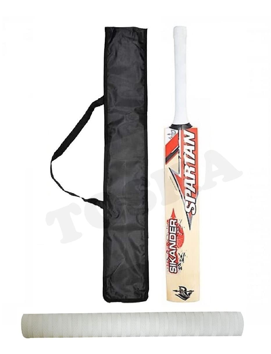 TOSKA Full Size Tennis Ball Spartan Cricket Bat & One Grip & Bat Cover for Rubber/Plastic/Cosco Ball (Men|Women) (Red.W)