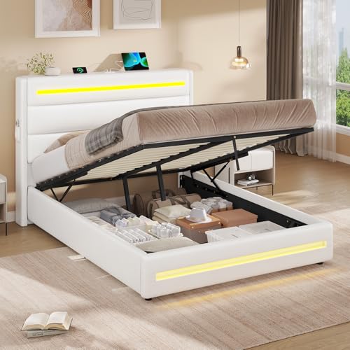 KIMENICH Bett 140X200 mit LED-Beleuchtung, Hydraulisches Bett 140x200 cm, Polsterbett Doppelbett, Bettgestell mit Stauraum und Lattenrost, Schlafzimmer, PU weiß