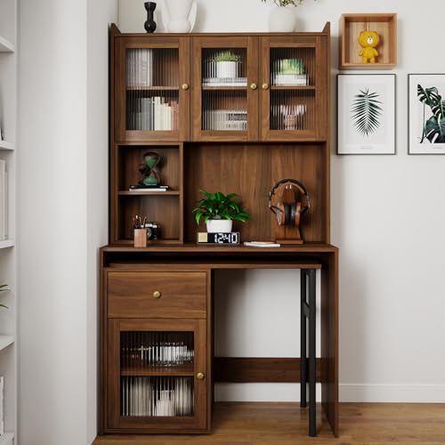 NFGTDKZS Computer Desk with Glass Door Home Office Desks,Convertible Executive Desk with Bookshelf & Hutch,Writing Secretary Table with 90 Degree Rotating Desktop,Large Working Space