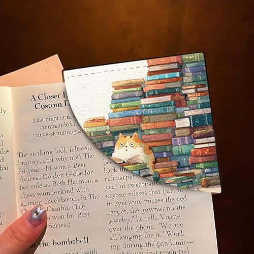 Image of Set of 2 Cute Cat Reading Bookmarks 3.54x3.54in Leather Square Book Markers Colorful Bookshelf Kitten Gift for Women Book Lovers Spring