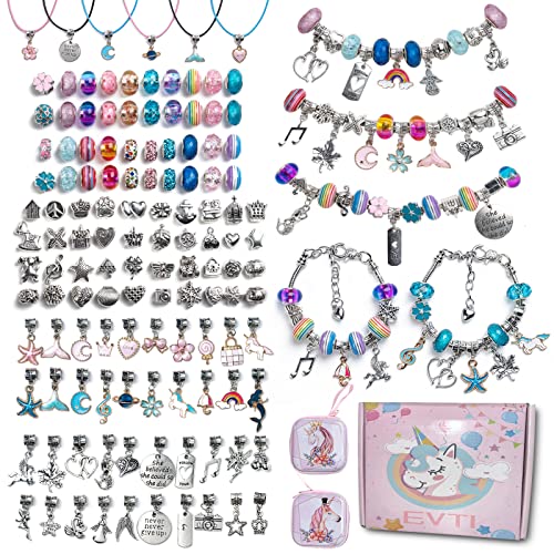 EVTI Cadeau fille 10 9 8 7 6 5 ans, Bracelet fille 135pcs, Kit Fabrication de Bijoux, Anniversaire Licorne,Perles pour Bracelet,Creation Bijoux avec Breloques Pendentifs,Loisir creatif
