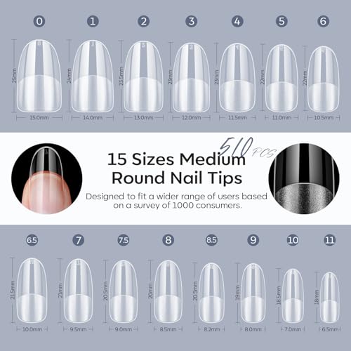 Image of Modelones Medium Round Oval Fake Nail Tips - 510Pcs Gel Tips Pre-shaped Half Matte Full Cover Clear Acrylic Gel Kit False Press on Nails for Extension DIY Salon 15Sizes