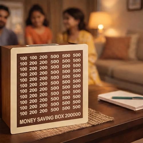Image of Premium Wooden Money Bank with Lock - Vintage Coin Saving Box for All Ages - Ideal for Cash, Coins, Donations & Home Decor (2 LAKH Money BOX2, 2, Count)