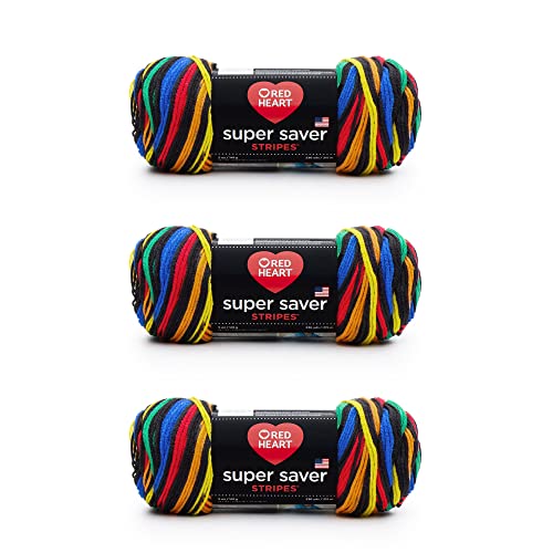 Image of Red Heart Super Saver Primary Stripes Yarn - 3 Pack of 141g /5oz - Acrylic - 4 Medium (Worsted) - 236 Yards - Knitting /Crochet