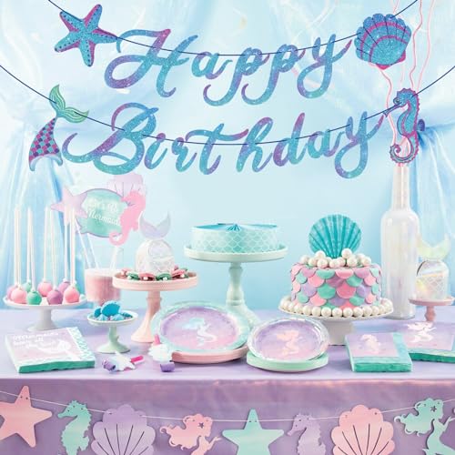 Image of Mermaid Happy Birthday Banner, Sparkle Mermaid Banner Garland Sign for Girls Kids Kids Under The Sea Themed Party Supplies Baby Shower 1st 2nd 3rd Birthday Decorations