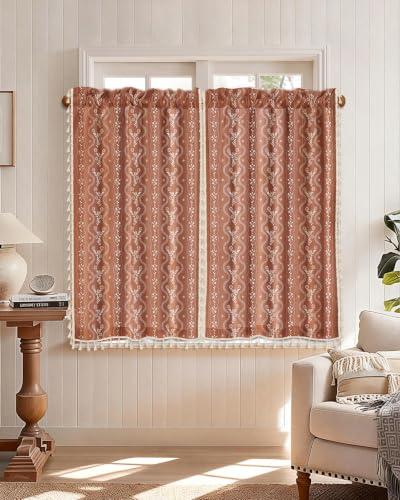 Image of Miss Adola Boho Kitchen Curtains - 45 Inch Length Linen Blend Floral Burnt Orange Cafe Curtains Tassels Tier Curtain Short Drapes Rod Pocket for Bathroom Living Room Windows Light Filtering, 2 Panels