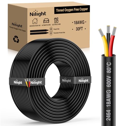 Image of Nilight 30FT 18AWG 3 Conductor Wire Tinned Copper Red Black Yellow | 3 Electrical Wire Tinned Oxygen Free Copper Parallel 600V DC Flexible PVC Case Extension Cords for LED Strip Lamp Lighting