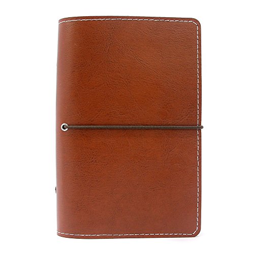 Labon's 6 Round Ring Binder Hardcover Personal Organizer Refills for Ruled Dotted Squared Blank Filler Paper/Loose Leaf Premium Thick Paper 200 Pages 5 Divider Tabs Inserts (A7, Brown)