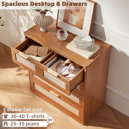 Image of LEYAOYAO Rattan Dresser for Bedroom, 33.5 inch Tall Chest of Drawers, Modern 5 Drawers Boho Dressers with Storage, Vintage Brown Dresser Wooden Closet Organizer for Living Room, Hallway