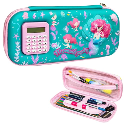 Image of VGRASSP Stationery Pencil Pouch for Kids with Mini Calculator - Mermaid Theme Zipper Case with Multi Storage Compartments - School Supplies Organizer - Multicolor