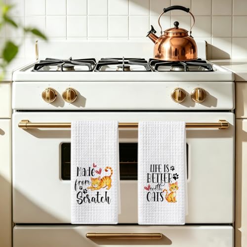 Image of Hanamiya Na 2Pcs Cute Cat Kitchen Towels 24x14 Inch, Make from Scratch, Absorbent Microfiber Dish Cloth Tea Towel, Waffle Hand Towels for Kitchen Home Bathroom, Cat Lover Gifts