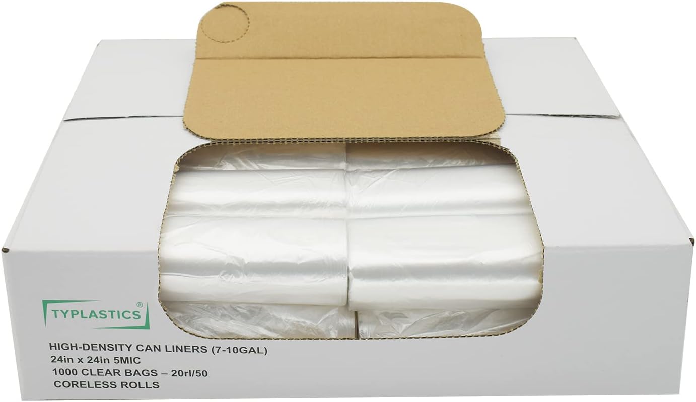 TYPLASTICS Commercial Trash Can Liners Bag - 7 to 10 Gallon Clear Trash Bags - Perforated Roll Wholesale - Office Home Business Use 24x24 (inch)