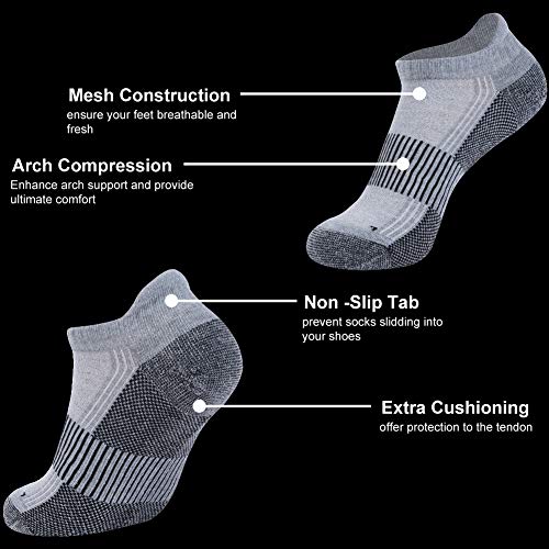 Footplus Ankle Socks Men Copper Running Socks Arch Support Compression Seamless Toe Cushioned Sole Copper Infused Golf Tennis Gym Socks, 6 Pairs Grey& Black, Large #TOP4