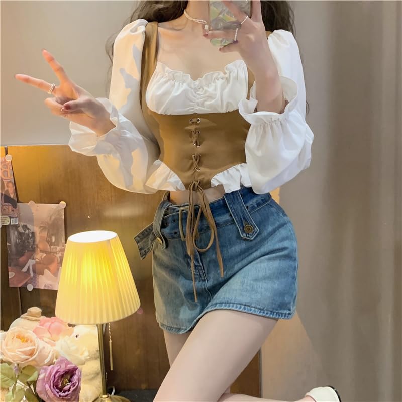 Image of ICW Women French Style Retro Vintage Lace-Up Layered Fake Two-Piece Puff Sleeve Ruffled Crop Blouse Corset Top Dn88
