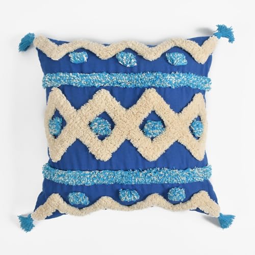 Image of TIB Premium Boho Cushion Covers 16 inch x 16 inch | Decorative Throw Pillow Covers Set of 2 with Tassel Accent for Sofa, Couch, Living Room & Bedroom | Blue Infinity